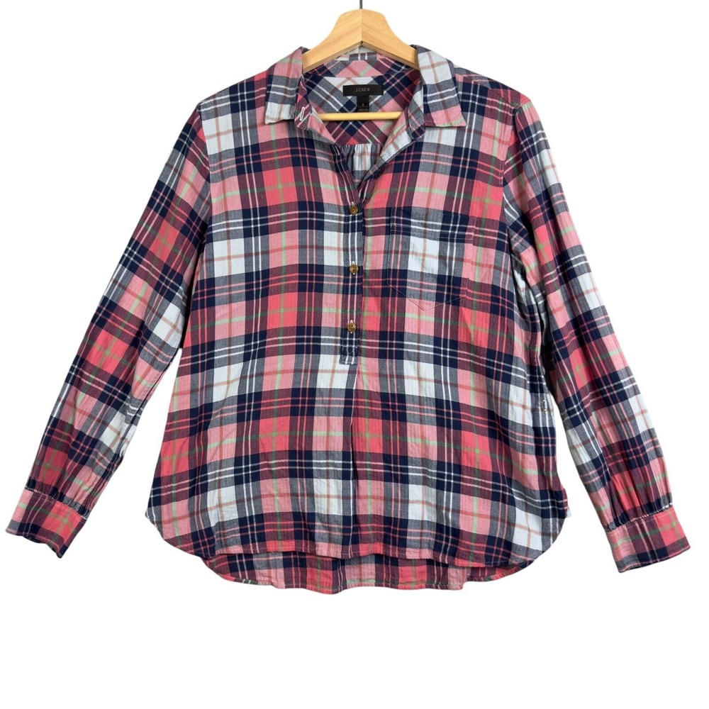 J.Crew Blue Pink Plaid Cotton Women Sz S Button‎ Up Long sleeve top Shirt Blouse